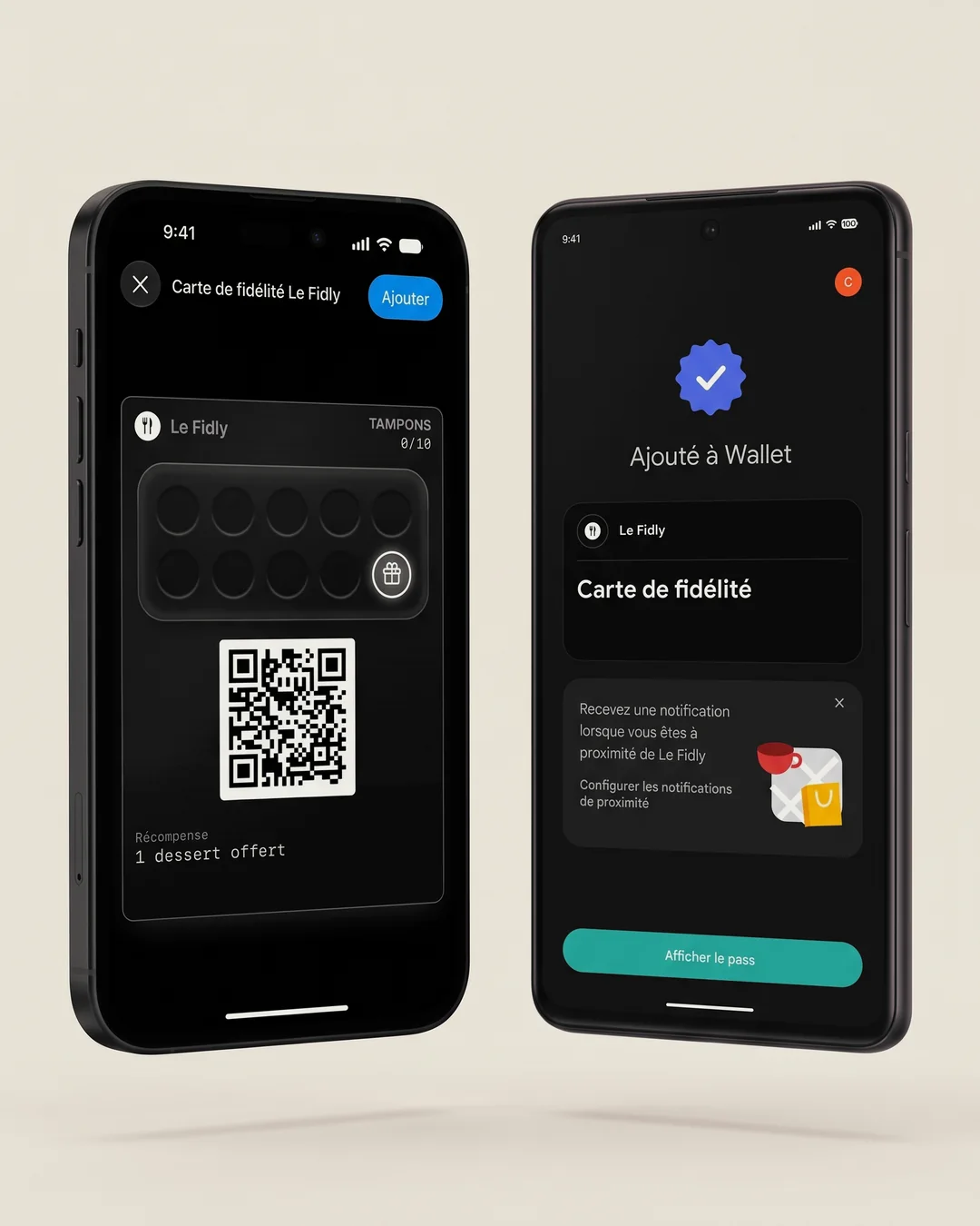 Deux téléphones : à gauche, un iPhone affiche la feuille d'ajout d'Apple Wallet, avec la carte de fidélité Le Fidly encore vide et le bouton « Ajouter » ; à droite, un téléphone Android montre la même carte ajoutée à Google Wallet, avec la proposition de Google de configurer les notifications de proximité.